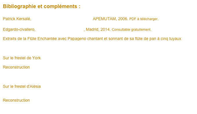 Bibliographie et compléments :

Patrick Kersalé, Le dieu Pan et la nymphe Syrinx, APEMUTAM, 2006. PDF à télécharger.

Edgardo-civallero, Flautas de Pan de Europa, Madrid, 2014. Consultable gratuitement.

Extraits de la Flûte Enchantée avec Papageno chantant et sonnant de sa flûte de pan à cinq tuyaux
https://www.youtube.com/watch?v=RhGx4dJsMRg&feature=youtu.be
http://www.flute-de-pan.fr/La-flute-de-Papagen

Sur le frestel de York
http://panflute.net/history/viking_panpipe/panpipes.htm
Reconstruction
http://www.panflutejedi.com/viking-pan-flute-tutorial.html
https://www.youtube.com/watch?v=ZPg80WL4D-I

Sur le frestel d'Alésia
http://www.musees-bourgogne.org/les_musees/musees_bourgogne_gallerie.php?lg=fr&id=20&theme=&id_ville=&id_gallerie=50336
Reconstruction
https://www.youtube.com/watch?v=wQFA3VVZn1E
